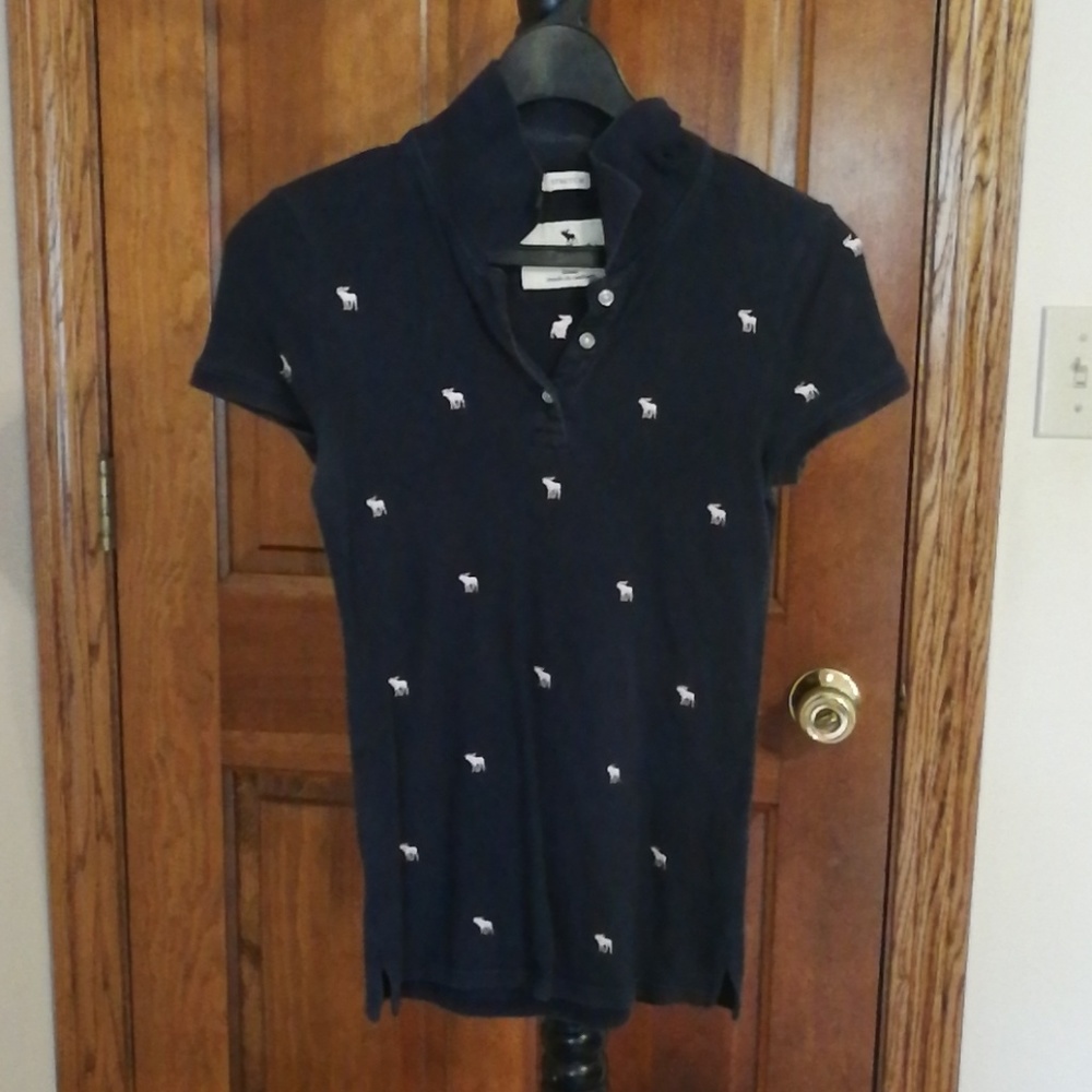 Abercrombie kids L navy blue and pink logo polo
